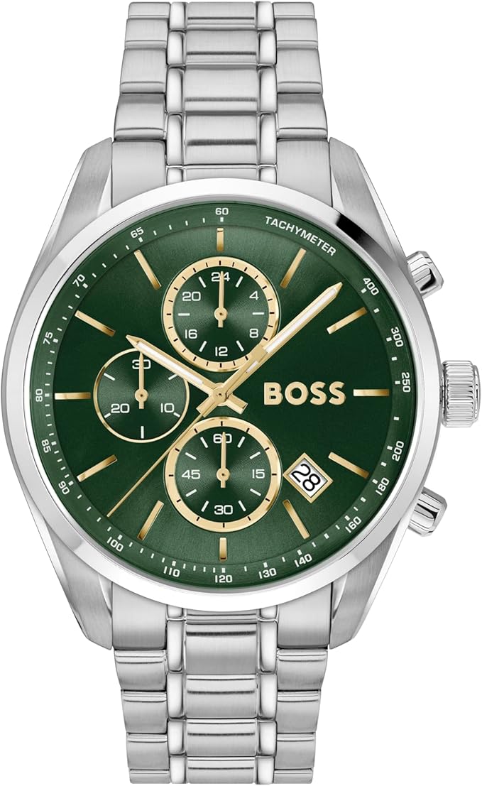 BOSS Chronograph Quartz Watch with Calendar for Men Grand Prix 44 Collection with Stainless Steel Bracelet or Leather Strap