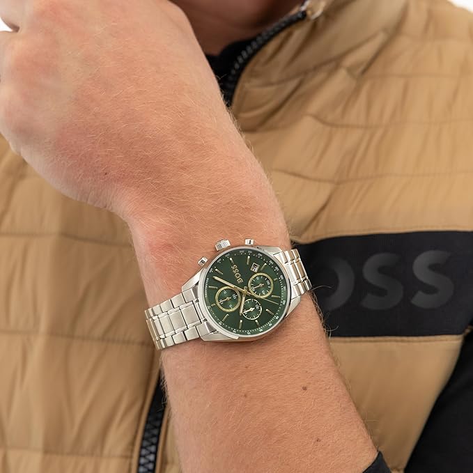 BOSS Chronograph Quartz Watch with Calendar for Men Grand Prix 44 Collection with Stainless Steel Bracelet or Leather Strap