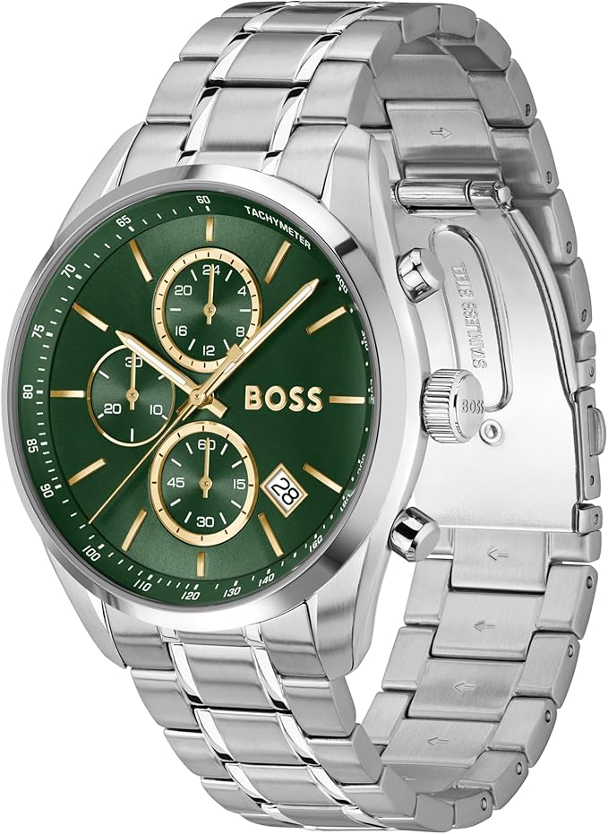 BOSS Chronograph Quartz Watch with Calendar for Men Grand Prix 44 Collection with Stainless Steel Bracelet or Leather Strap